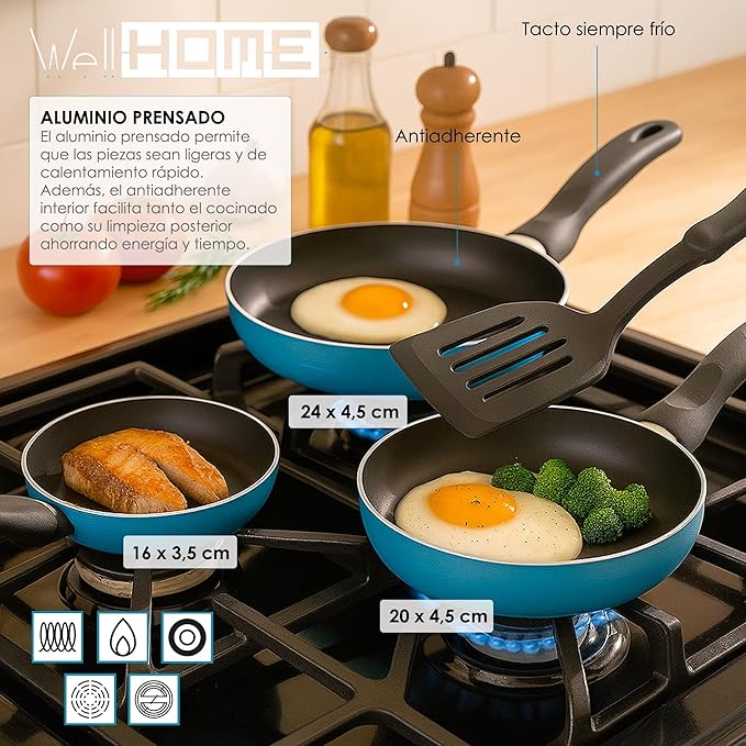 Well Home Set of 3 Pans Diameter 16 x 20 x 24 cm Made of Pressed Aluminium in Matte Blue + 2-Piece Silicone Cookware Set