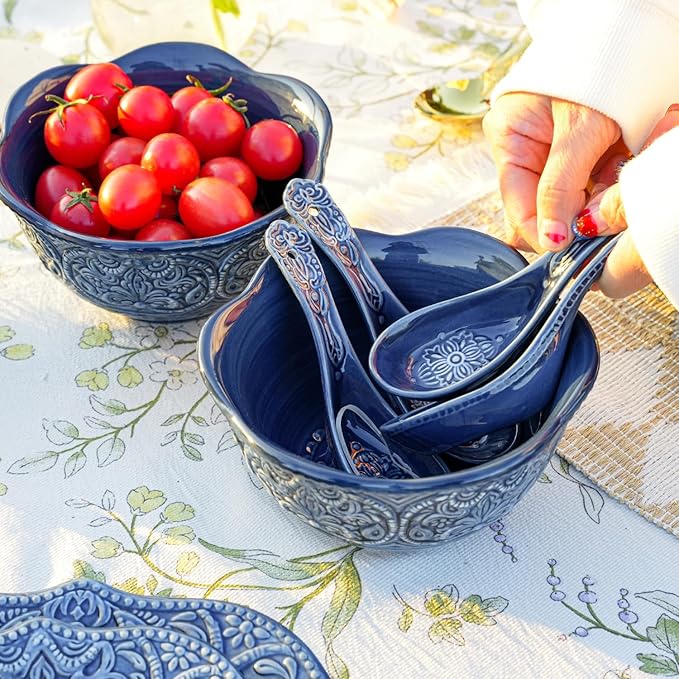 Sungmor Embossed Stoneware Fine Dining Dinnerware Antique Baroque Style Porcelain 6 Inch (20 oz) Flower Shape Bowls Set of 4 Sophisticated Ceramic Bowls for Soup Cereal Oatmeal Rice Pasta Salad