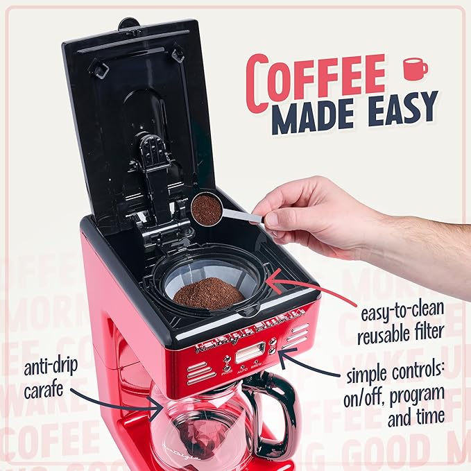 Nostalgia Retro 12-Cup Programmable Coffee Maker With LED Display Automatic Shut-Off &amp Keep Warm Pause-And-Serve Function Red