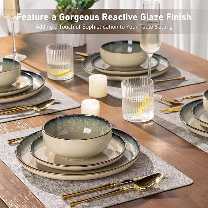 GBHOME Ceramic Dinnerware Sets for 6 18 Pieces Stoneware Plates and Bowls Sets Reactive Glaze Dishes -Scratch Resistant Dishwasher&ampMicrowave SafePale Khaki