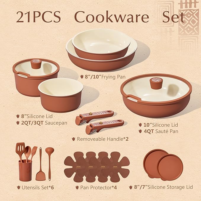 CAROTE 21-Piece Ceramic Cookware Set Nonstick Pots and Pans Set with Detachable Handle Non-Toxic Kitchen Cooking Set Induction Compatible Dishwasher &amp Oven Safe Terracotta