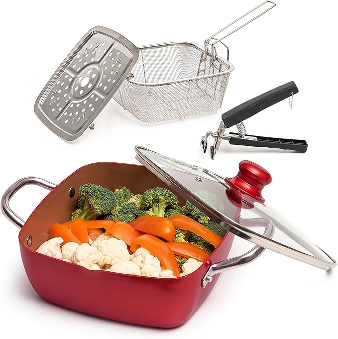 Moss &amp Stone 5 Pcs Red Copper Chef Cookware Non Stick Deep Frying Pan Fry Basket Steamer Rack Dishwasher &amp Oven Safe 5 Qt Deep Square Pan Induction Copper Cookware Set - 9.5 x 3.5