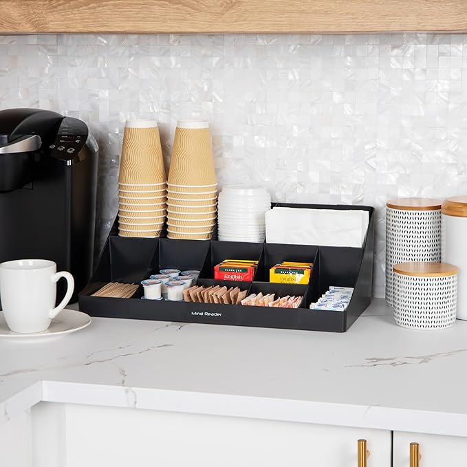 Mind Reader Cup and Condiment Station Countertop Organizer Coffee Bar Kitchen Stirrers 17.875L x 9.5W x 6.625H Black