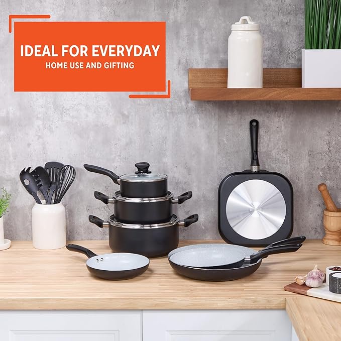 IMUSA Nonstick Ceramic Cookware Set 14-Piece with Soft-Touch Handles Aluminum Black