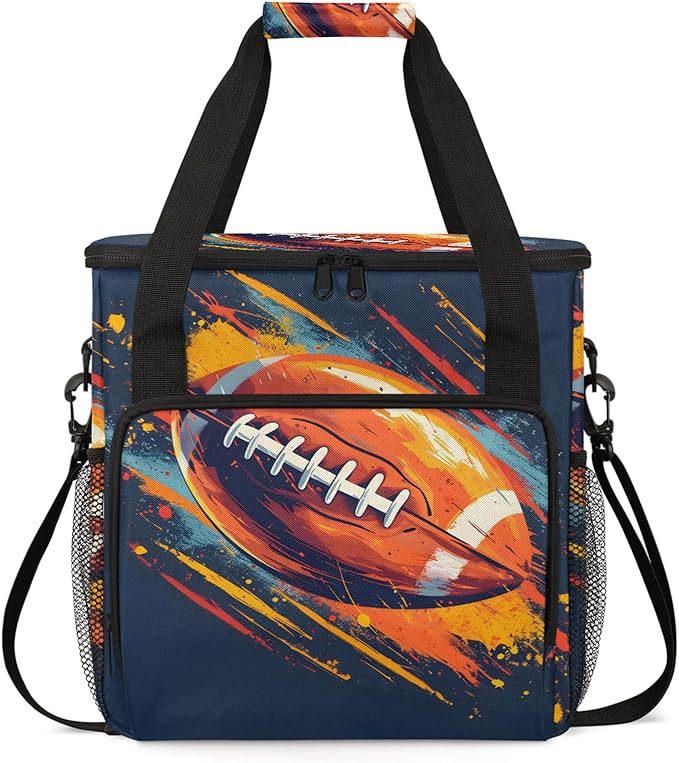 Football Pattern Coffee Maker Carring Bag Large Insulated Storage Organizer Case Tote Bags with Shoulder Strap for Travel Work Picnic