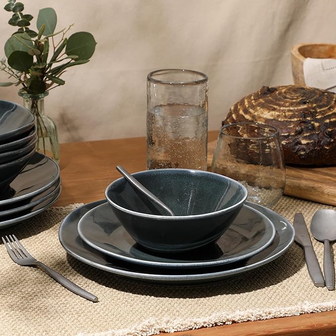 Bloomhouse - Two Time Oprah's Favorite Things Winner - Montecito Breeze 16 Piece (Service for 4) Double Plates and Bowls Stoneware Reactive Glaze Dinnerware Set - Laguna Dawn