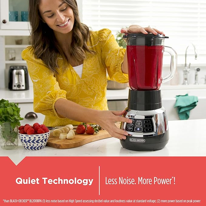 Black+Decker Quiet Blender with 6-Cup Cyclone Glass Jar 3 Speeds + 3 Functions &amp Serrated Blade Technology for Faster Blending Pulse Button and 24-oz Personal Jar 900W