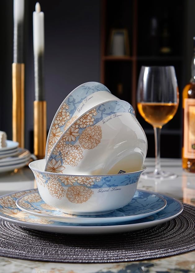 High Bone China Dinnerware Set 12-Piece Artistic Blue Plates and Bowls Lightweight &amp Chip Resistant Ceramic Service for 4 Dishwasher Safe Elegant Kitchen Dining