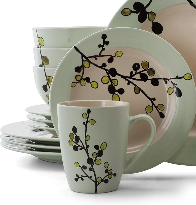 Elama RETROBLOOM Retro Bloom 16 Piece Luxurious Stoneware Dinnerware with Complete Setting for 4 16pc Green