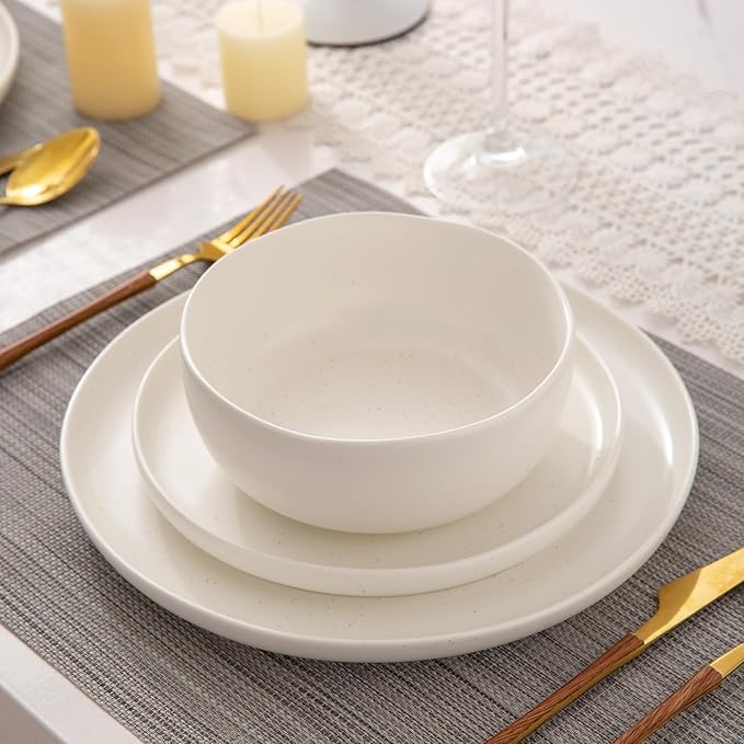 AmorArc Ceramic Dinnerware Sets Wavy Rim Stoneware Plates and Bowls SetsDishwasher &amp Microwave &amp Oven Safe Dishes set Service for 4 (12pc)-Matte Speckled White