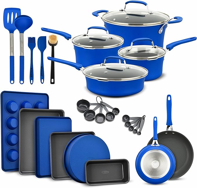 Pots and Pans Set 23-Piece Non Stick Cookware &amp Bakeware Sets with Plaid Pattern Stackable Design Dishwasher Safe Stain-resistant Oven &amp All-Stove Safe Tempered Glass Lid Blue