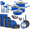 Pots and Pans Set 23-Piece Non Stick Cookware &amp Bakeware Sets with Plaid Pattern Stackable Design Dishwasher Safe Stain-resistant Oven &amp All-Stove Safe Tempered Glass Lid Blue
