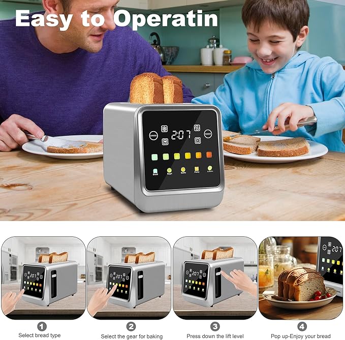 Touch Screen Toaster 2 Slice Bagel Toasters with LCD Display Stainless Steel Smart Digital Toasters with Single Slot ToastingExtra Wide Slots Toaster with Memory/Bagel/Defrost/Reheat Functions