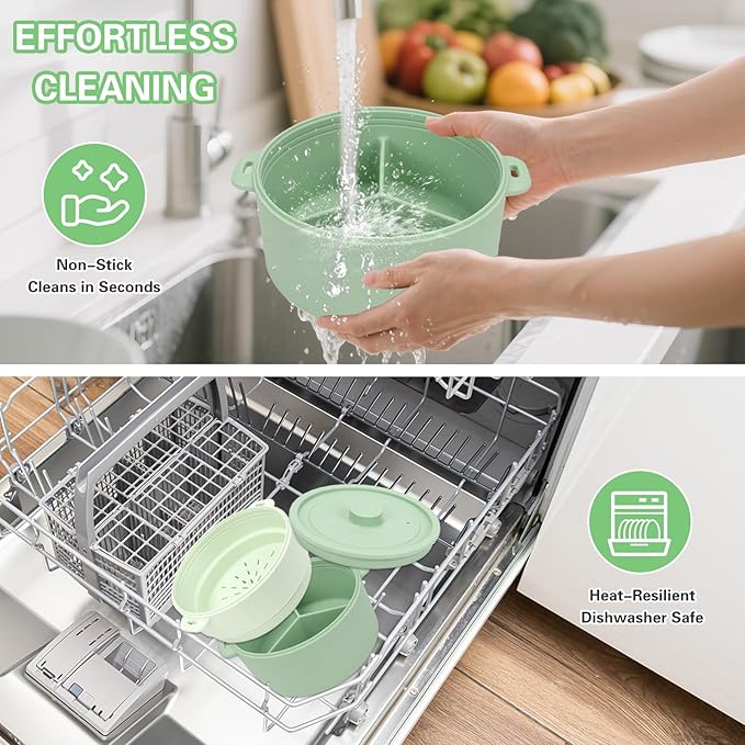 BestYiJo Microwave Rice Cooker 2-Layer Microwave Pasta Cooker and Steamer for Rice Vegetables Quinoa Oatmeal Ramen –Silicone Non-Stick(Green)