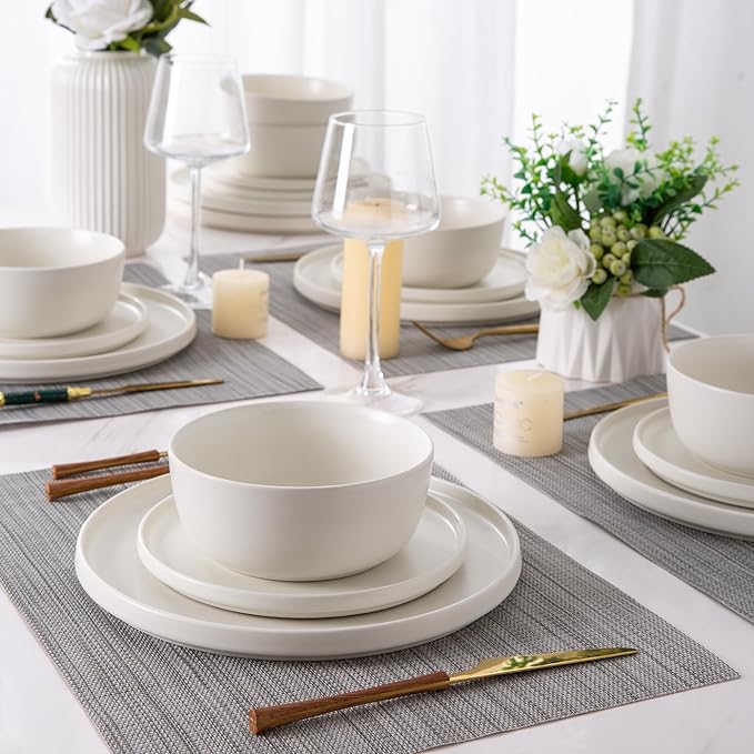 AmorArc Stoneware Dinnerware Sets for 6Reactive Ceramic Plates and Bowls SetHighly Chip and Crack Resistant | Dishwasher &amp Microwave Safe | Round Dishes Set Service for 6 (18pc)Matte White