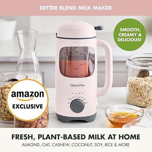 GreenPan Nut Milk Maker 15-in-1 Homemade Soy Almond Oat Coconut Non-Dairy Rice Soup Baby Food BPA-Free Smooth Creamy Texture Self Clean Barista Quality Milk Delay Start Boil Water Pink