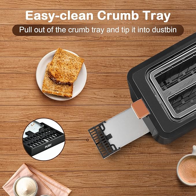 Mecity Toaster 2 Slice Stainless Steel Body Timer Bagel/Defrost/Reheat/Cancel FunctionsWarming Rack Removable Tray 6 Browning Settings Extra Wide Slots Bread Toaster 120V 800W Grey