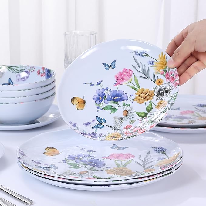 12 Piece Melamine Dinnerware Sets - Plates And Bowls Sets Floral Dinnerware Sets- Spring Camping Dishs Indoor Outdoor UseFlowers And Butterflies Pattern