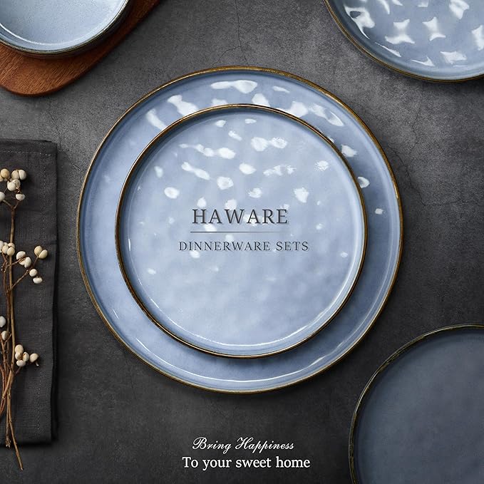 HaWare Dinnerware Sets 24-Piece Plates and Bowls Set Stoneware Dish Set for 8 Ceramic Dinnerware for Home Restaurant Chip and Scratch Resistant Microwave and Dishwasher Safe Reactive Blue