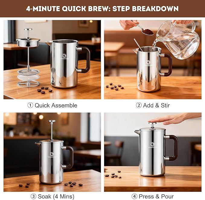 1L/34 Oz French Press Coffee Maker304 Stainless Steel Coffee PressDurable &amp Easy CleanLeak-Proof DesignPrensa Francesa Para Cafe for HomeOfficeCamping (Silver-Upgrade)