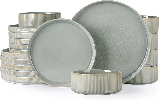 TheTerra Ceramic Dinnerware Sets for 6 18 Pieces Porcelain Lightweight Plates and Bowls Sets Scratch Resistant Dish Set Oven &amp Microwave &amp Dishwasher Safe Desert Sage