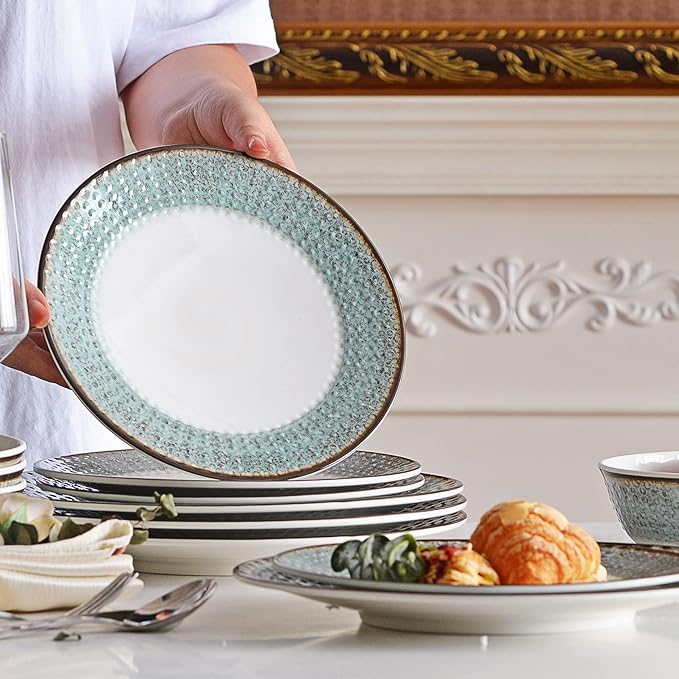 Melamine Dinnerware Sets12pcs Plates and Bowls Sets Melamine Dishes Set for 4 UnbreakableDishwasher Safe BPA FreeGreat for Indoor UseCamping BBQRV PartyRustic Style (Teal)