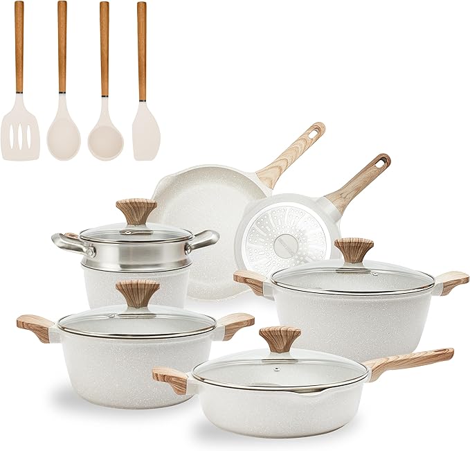 Country Kitchen Non-Stick Cast Aluminum Cookware Set - Durable Kitchen Cookware for Everyday Cooking Cream 15 Pc.