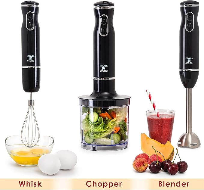 Moss &amp Stone Electric Hand Blender Set 300W Immersion Hand Blender with Whisk and Chopper Stainless Steel Shaft and Blades 2-Speed Handheld Mixer with Ergonomic Grip Black