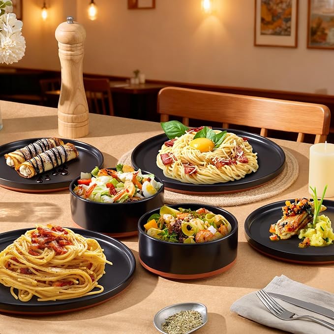 LIANYU Plates and Bowls Sets 18 Pieces Stoneware Dinnerware Set for 6 Modern Kitchen Dinner Set Ceramic Dishware Dishes Set Microwave and Dishwasher Safe Charcoal Black