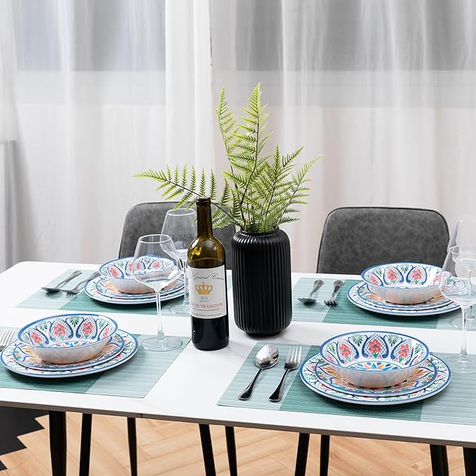18 Pieces Melamine Dinnerware Sets Service for 6 Paisley Kitchen Plates and Bowls Set Unbreakable &amp Lightweight Dinnerware Set Camping Dishs Indoor Outdoor Use Spanish Floral Pattern