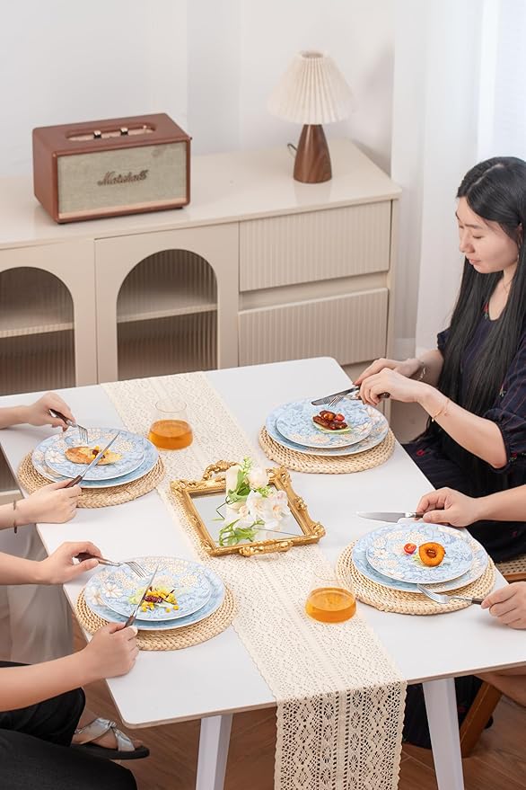 High Bone China Dinnerware Set 12-Piece Artistic Blue Plates and Bowls Lightweight &amp Chip Resistant Ceramic Service for 4 Dishwasher Safe Elegant Kitchen Dining