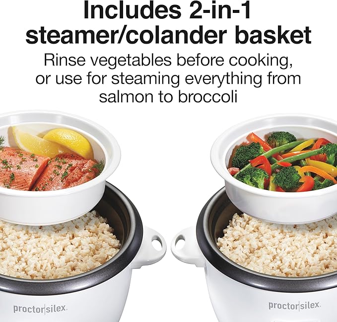 Proctor Silex Rice Cooker &amp Food Steamer 10 Cups Cooked (5 Cups Uncooked) Includes Steam and Rinsing Basket White (37533G)