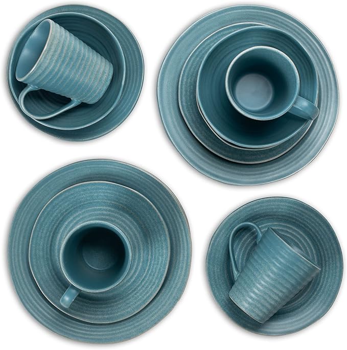 Elanze Designs Charming Chic Ribbed Modern Thrown Pottery Look Ceramic Stoneware Plate Platter Mug &amp Bowl Kitchen Dish Dinnerware 16 Piece Set - Service for 4 Turquoise