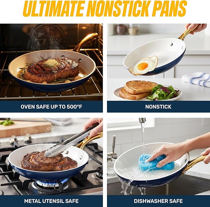Gotham Steel 15 Pc Ceramic Pots and Pans Set Non Stick Kitchen Cookware Sets Pot and Pan Set Ceramic Cookware Set Non Toxic Cookware Set Non Stick Pots and Pan Set Dishwasher Safe - Navy