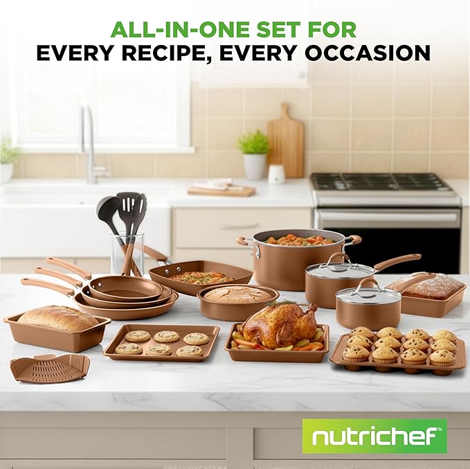 NutriChef 20-Piece Pots and Pans Set Non Stick – Induction Cookware Set PFAS-Free Nonstick Cookware for All Cooktops Includes Bakeware &amp Kitchen Utensils