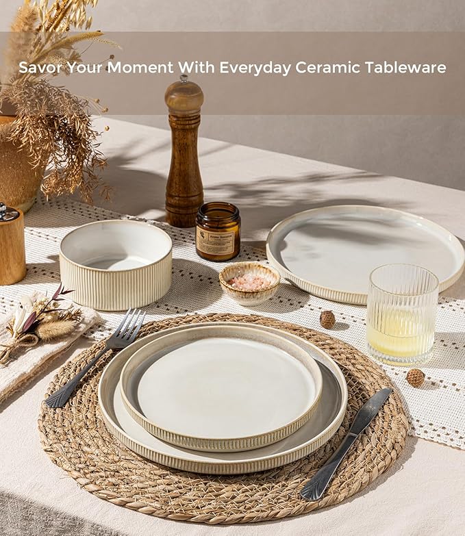GBHOME 12-Piece Stoneware Dinnerware Set for 4 – Ribbed Ceramic Plates and Bowls Scratch-Resistant Microwave &amp Dishwasher Safe Reactive Glaze Oatmeal Veil