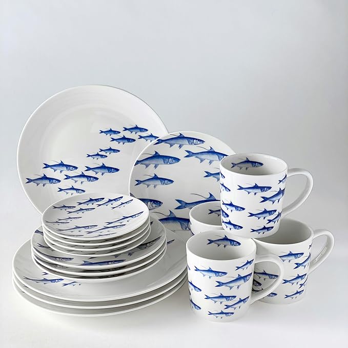 Caskata School of Fish Dinner Plates Set of 4 | High-Design Lead-Free Porcelain Dinnerware Plate Set | Blue Dinnerware Set for Entertaining Everyday Thanksgiving Wedding or Birthday Gifts | 10.75 in