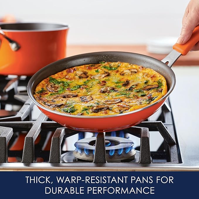 Rachael Ray Cook + Create Nonstick Pots and Pans Set with Universal Space-Saving Lids Baking Pan/Cookie Sheet and Kitchen Cooking Tools Cookware Set 11 Piece - Orange
