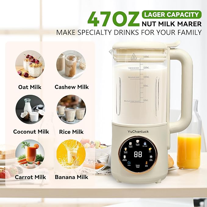 Nut Milk Maker 47ozHomemade Soy MilkAlmond MilkPlant Based MilksOat MilkCoconutBaby FoodElectric Bean and Nut Milk Machine with Delay Start/24 Hours Timer/Keep Warm/Self-Cleaning/Boil Water