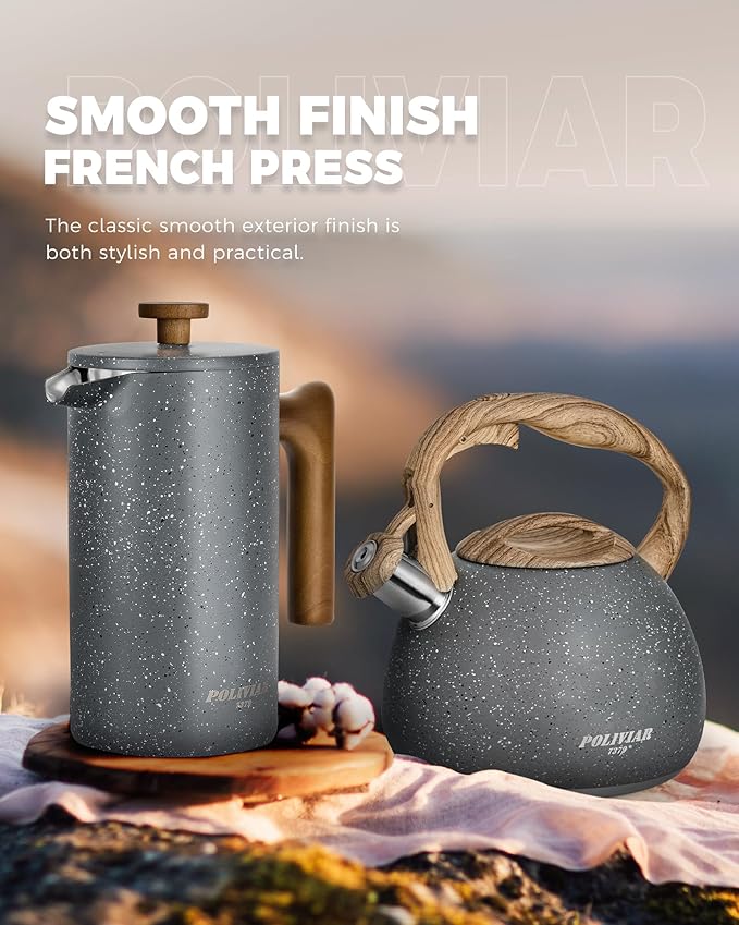 POLIVIAR French Press Coffee Maker 34 Ounce Coffee Press with Real Wood Handle Double Wall Insulation &amp Dual-Filter Screen Food Grade Stainless Steel for Good Coffee and Tea (Lava)