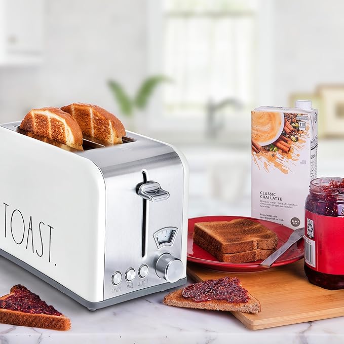 Rae Dunn Toaster Stainless Steel 2 Slice Square Toaster Wide Slot with 5 Browning Levels with Bagel Defrost and Cancel Options (White)