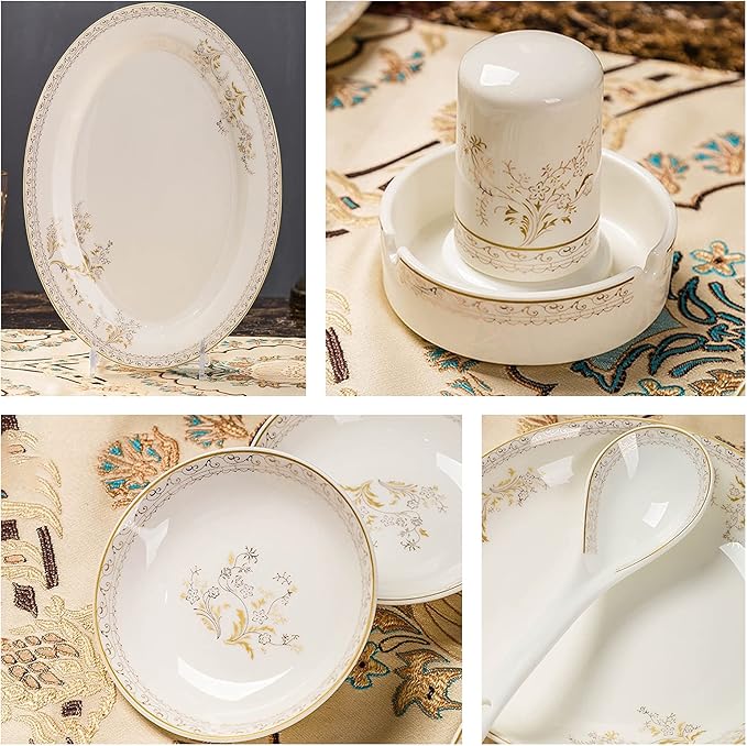 Ceramic Dinnerware Set Retro Style Beautiful Gold and White Porcelain Combination Set for Household Dinner Wedding Hotel