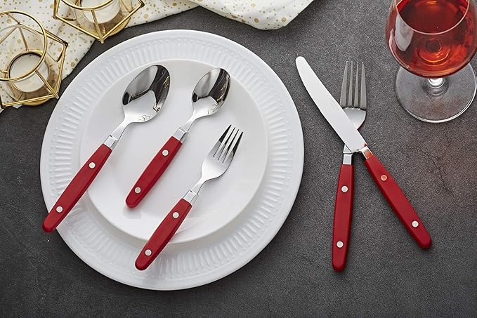 ANNOVA Silverware Set Retro/Rivet Colorful Stainless Steel Tableware Kitchen Flatware Set Utensils Includes Dinner Knives Forks Spoons Salad Forks &amp Dessert Spoons (Red 20 Pieces)