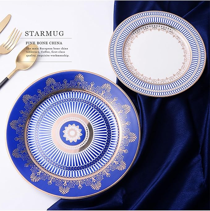 European Style Dinnerware Set Service for 6 Bone China Dinnerware Sets Unbreakable Porcelain Dinner Sets Coffee Cup and Saucer Tableware Set Steak Dinner Plates Dish Set Lan Yaojin-07