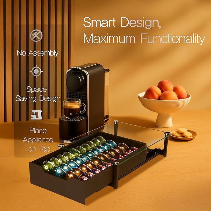Elegant Coffee Pod Holder with Rail Drawer for Nespresso - 40-Pod Capacity for Nespresso Vertuoline &amp K-Cup Capsule - Tempered Glass and Anti-Slip Base Metal Coffee Pods Organizer