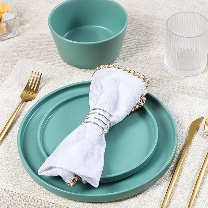 Plates and Bowls Sets for 4 - CJDC-QUELO 16 Piece Stoneware Dinnerware Sets with Mugs Ceramic Dishware Sets for Kitchen Dining Use Chip and Scratch Resistant Microwave Dishwasher Safe Green