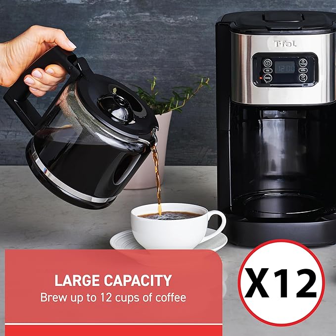 T-fal Element Plastic and Stainless Steel Drip Coffee Machine 12 Cup Programmable Reusable filter Pause and Brew Glass Carafe 1000 watts Coffer Maker Filter machine Cold Brew Black