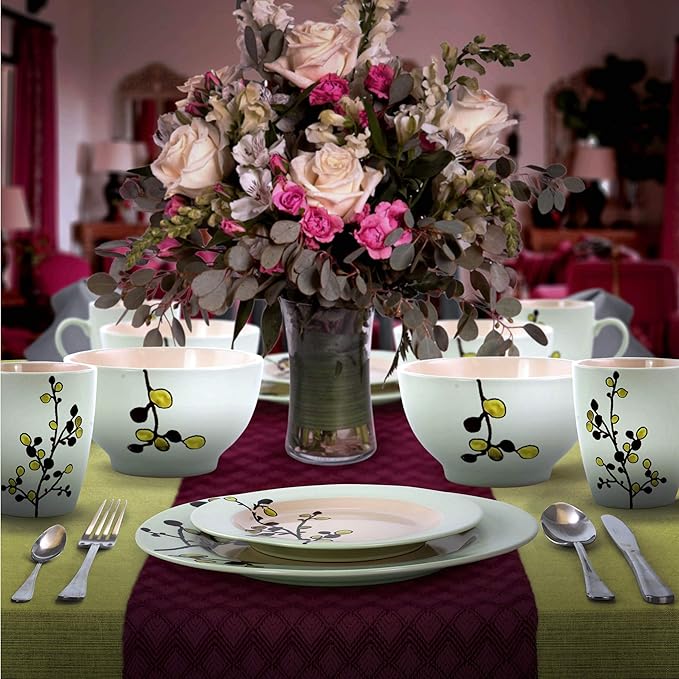 Elama RETROBLOOM Retro Bloom 16 Piece Luxurious Stoneware Dinnerware with Complete Setting for 4 16pc Green