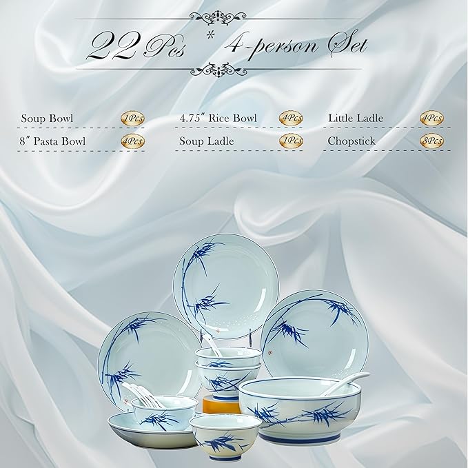Fine Bone China Dinnerware Set Porcelain &ampCeramic Dinnerware SetsBone Stoneware &amp Ceramic Cookware Tableware Set Includes Dinner Plates|Spoons|Pasta Bowls|Soup Pot|Chopsticks (22 PCS)