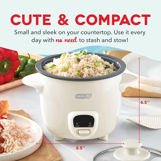 DASH Mini Rice Cooker Steamer with Removable Nonstick Pot Keep Warm Function &amp Recipe Guide .5 Quart for Soups Stews Grains &amp Oatmeal - Cream